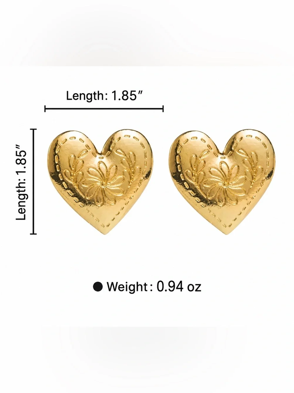 Zara Heart Earrings Gold Tone Floral Engraved Statement Studs Romantic Rare NWOT